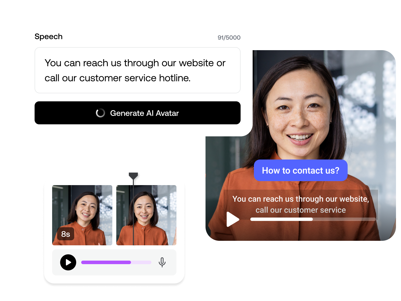 Generate an AI avatar directly from your text to create professional, spoken video content in seconds.