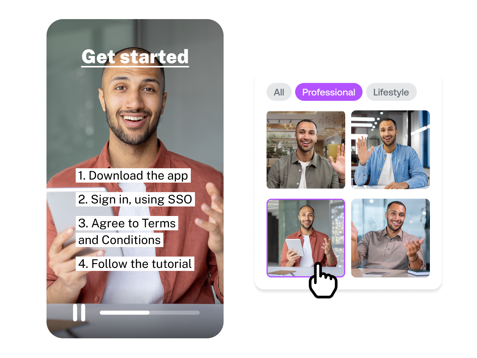 Multiple variations of the same actor-based avatar to ensure brand consistency across video communications.