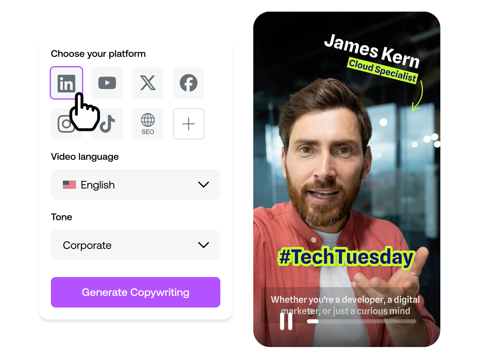 AI Copywriting feature transforming a single video into tailored messaging, optimized for every channel.