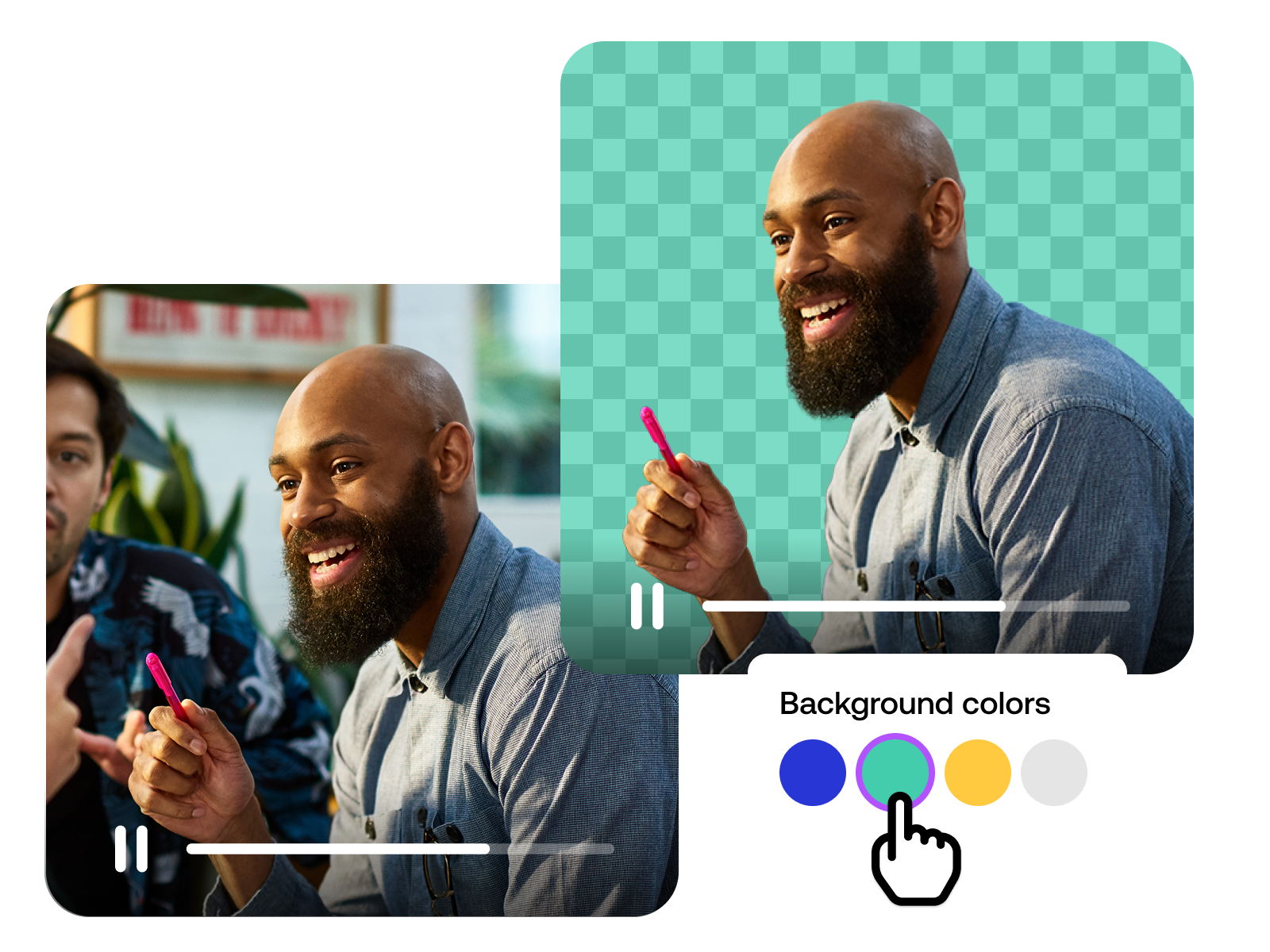 Before-and-after view of PlayPlay’s background removal, instantly isolating a speaker and allowing quick background color changes.