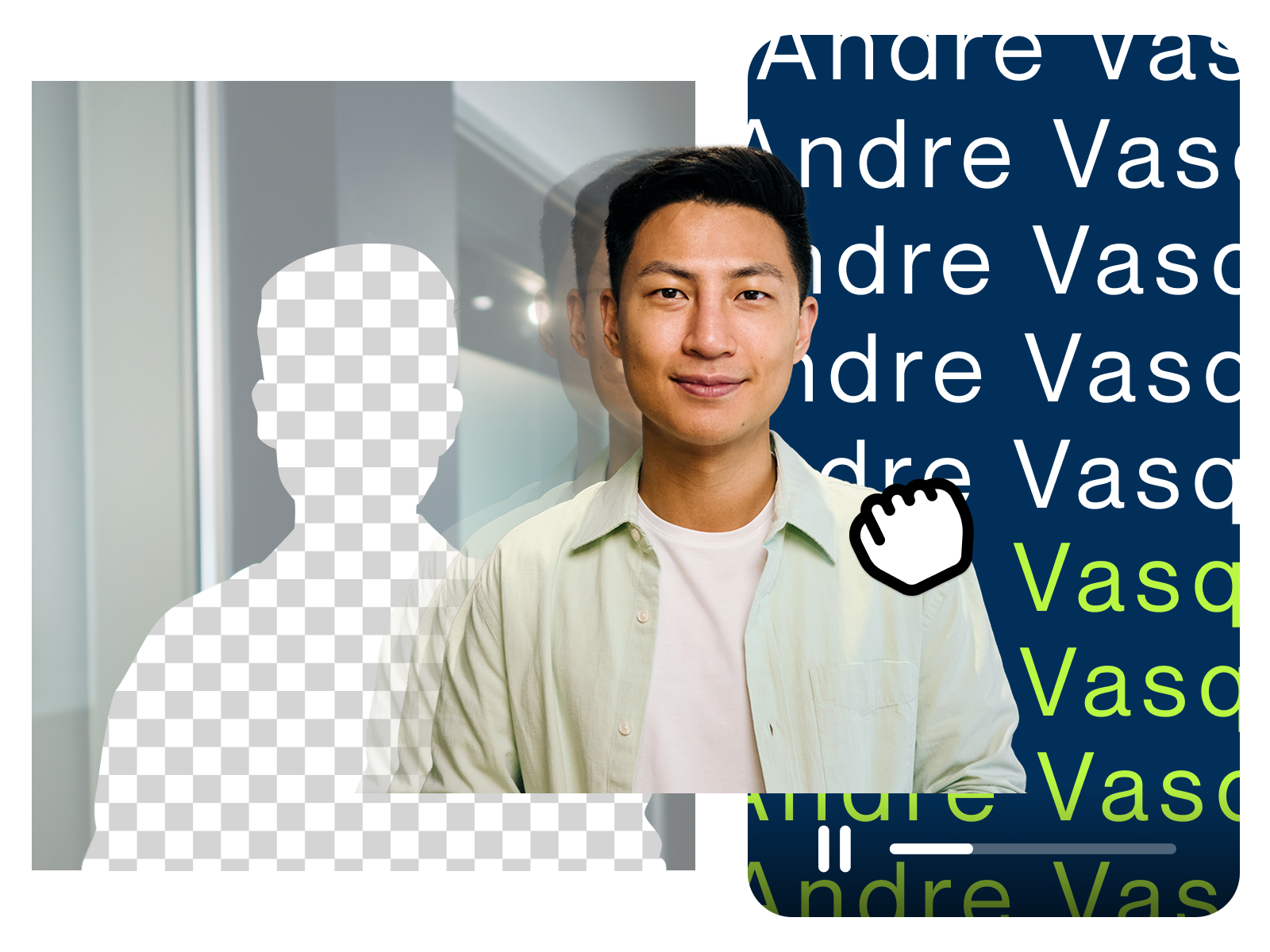 PlayPlay feature showing a person’s background being removed and seamlessly placed over a branded video backdrop.