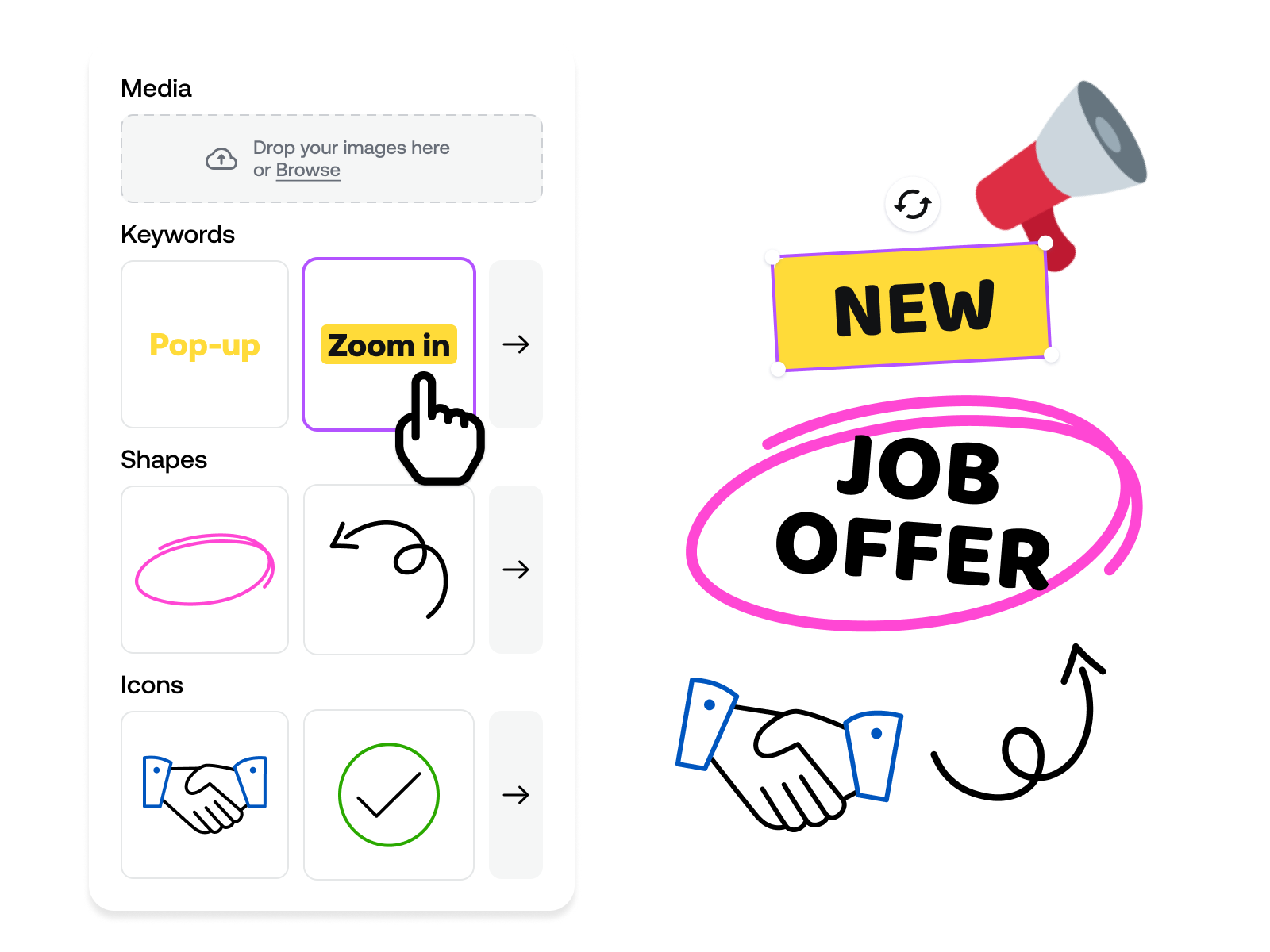 Library of dynamic elements including text effects, icons, and animations to enhance and personalize video content.