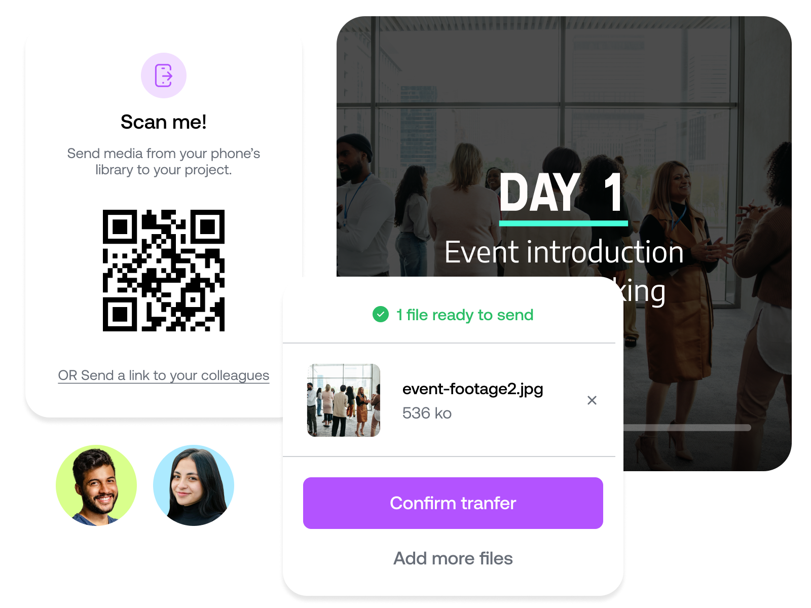 Collaborative video workflow with team members sharing media files for branded content creation.