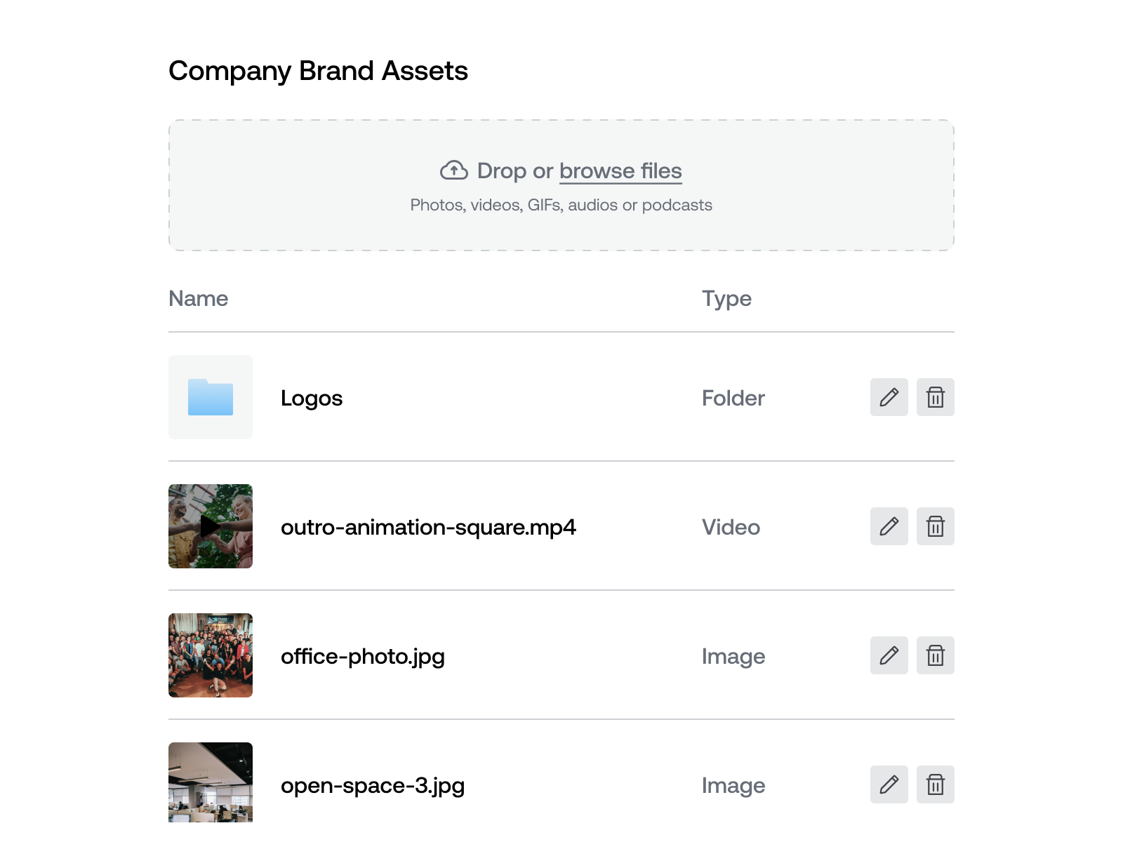 Organized video asset library with thumbnail previews for quick access to frequently used assets.