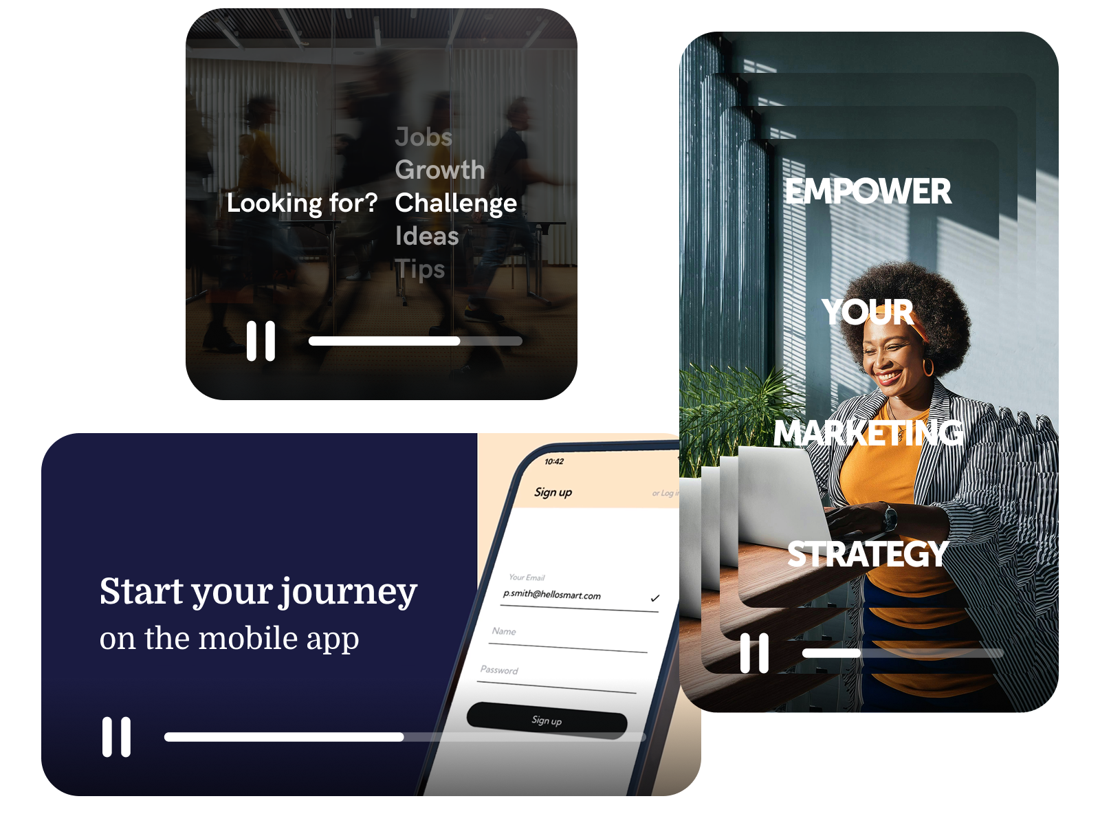 Examples of animated video templates featuring professional messages: job search, marketing strategy, and mobile app sign-up.