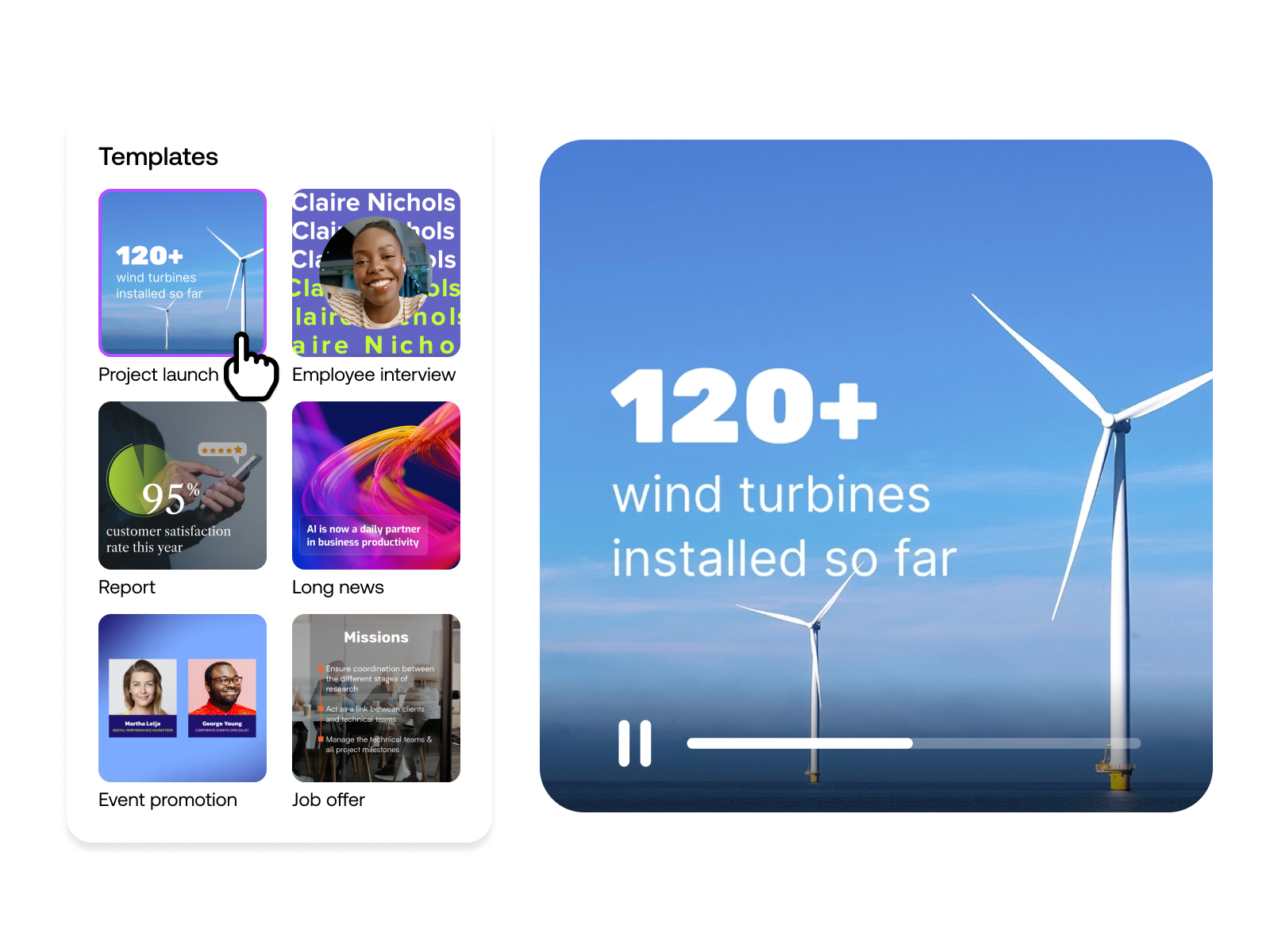 Example of animated video templates, with one selected template displaying a key business metric over a background image.