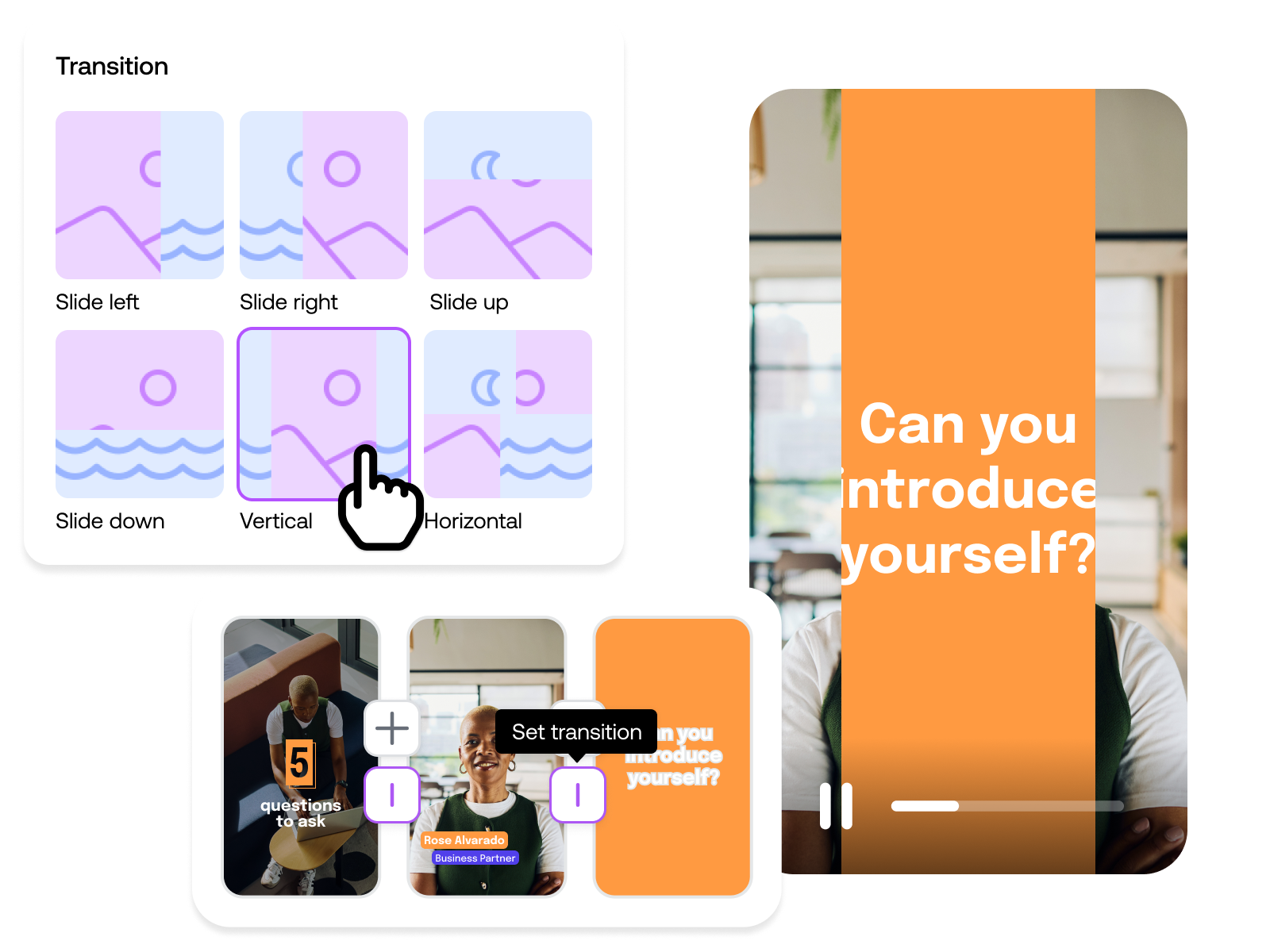 Storyboard timeline with several transitions you can choose from for dynamic video creation.