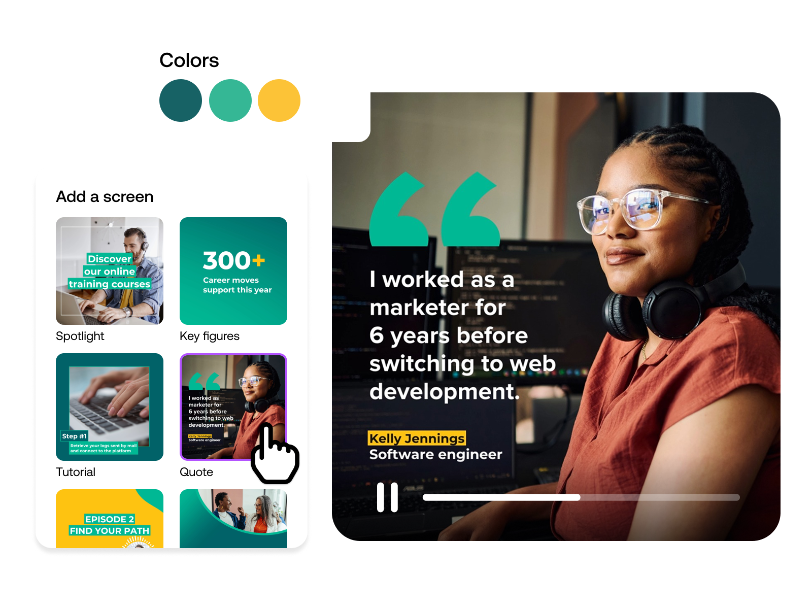 Predefined video templates and adaptable branding options for consistent, purpose-driven content.