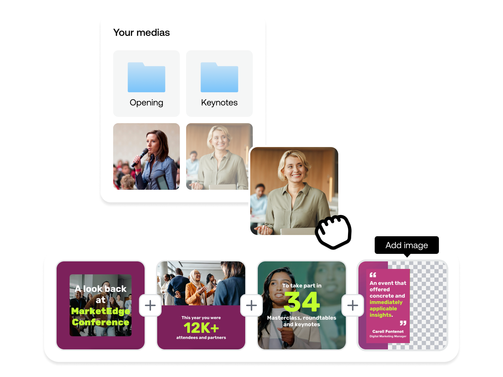 Simple storyboard timeline with drag-and-drop media blocks for quick and visual video creation.